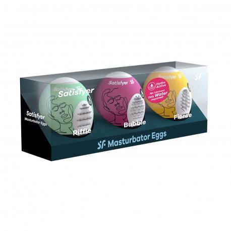 PACK DE 3 MASTURBADOR MASTURBATOR EGG RIFFLE, BUBBLE E FIERCE SATISFYER